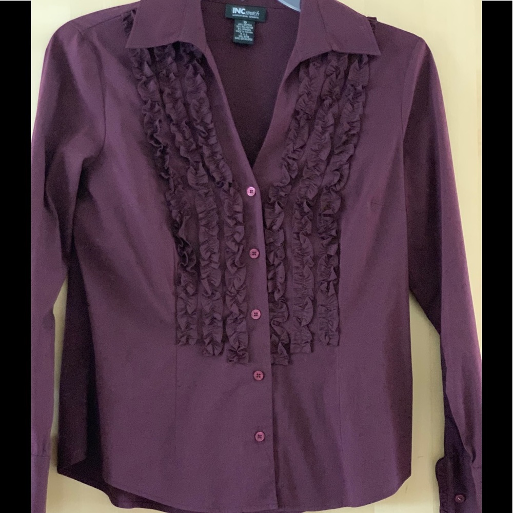 INC Purple Button Down V Neck Shirt with Ruffle 10